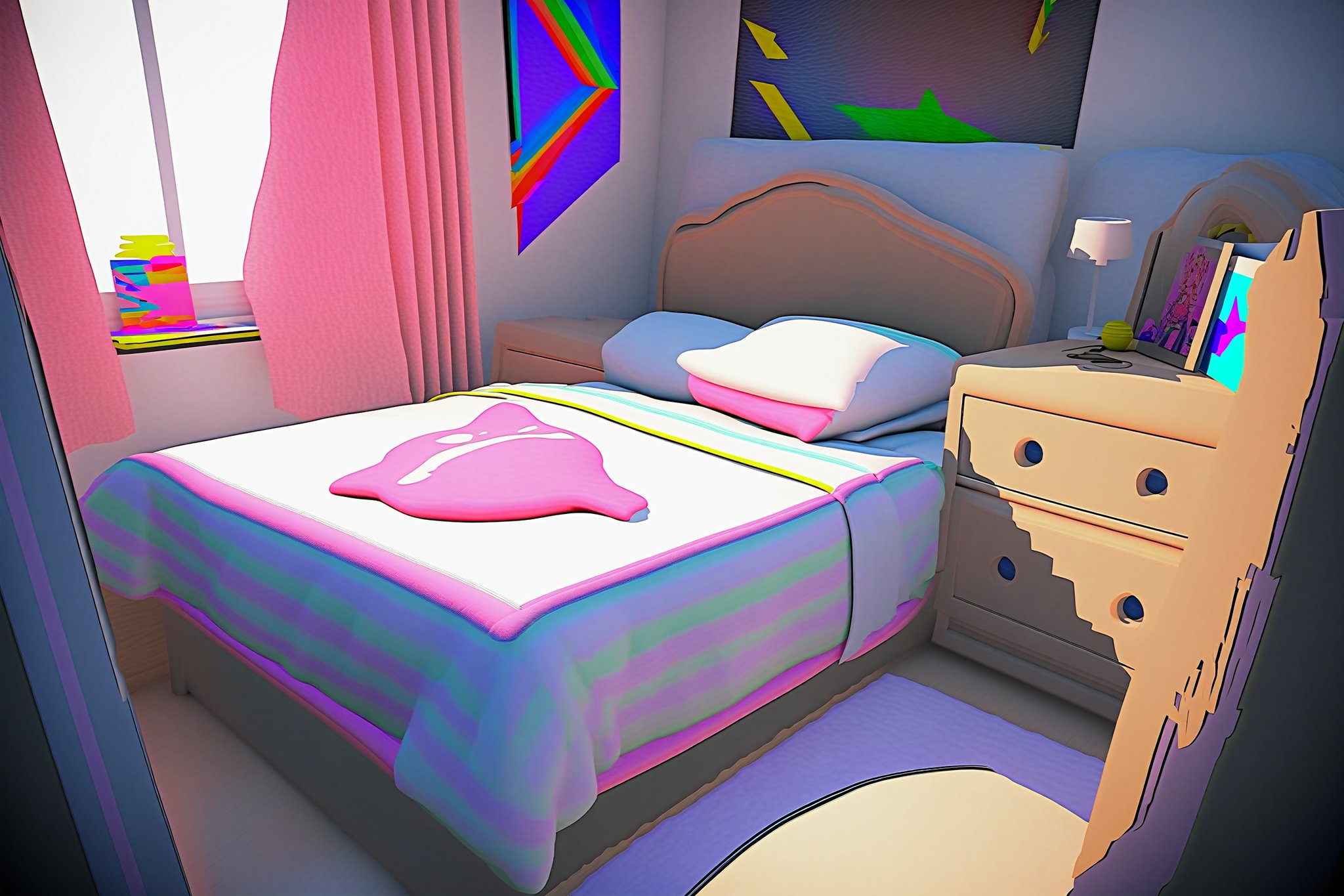 bedroom, indoor, [3D:10], [pop art:3], masterpiece, best quality, highres, recent, very aesthetic, General