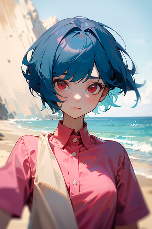 (masterpiece, best quality), 1girl, short hair, blue hair, red eyes, pink shirt, short sleeves, upper body, outside, sand, sea