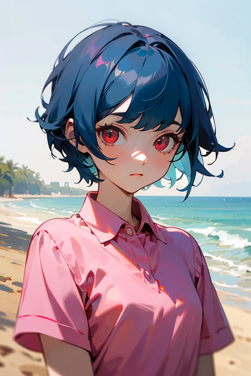 (masterpiece, best quality), 1girl, short hair, blue hair, red eyes, pink shirt, short sleeves, upper body, outside, sand, sea