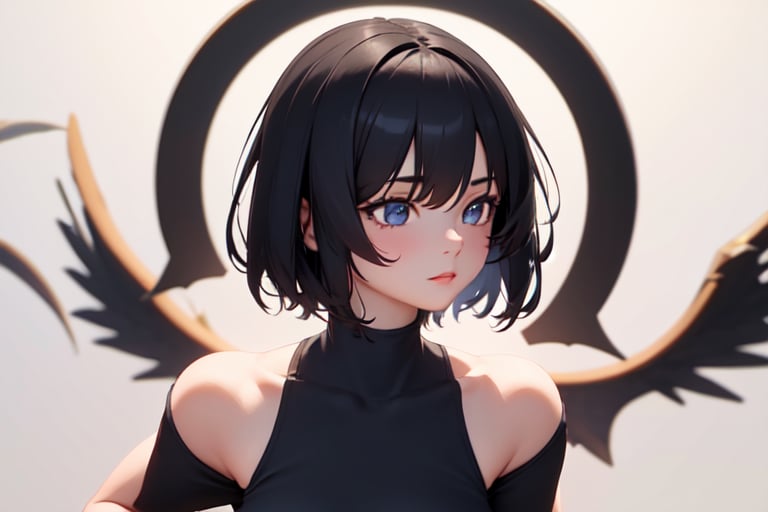 1girl, short hair, black hair, black shirt, upper body, from front, simple background, [3D:7], masterpiece, best quality, highres