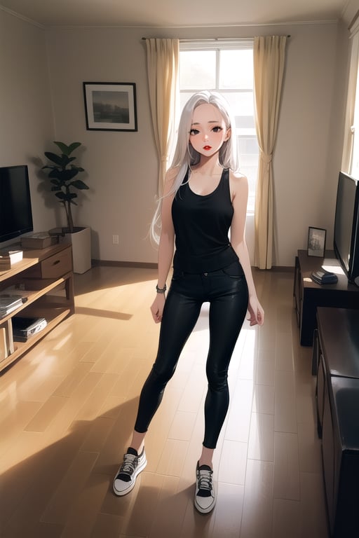 1girl, mature female, forehead, white hair, straight hair, long hair, black tank top, brown skinny pants, sneaker, standing, living room, indoor, [fisheye lens:: 1], masterpiece, best quality