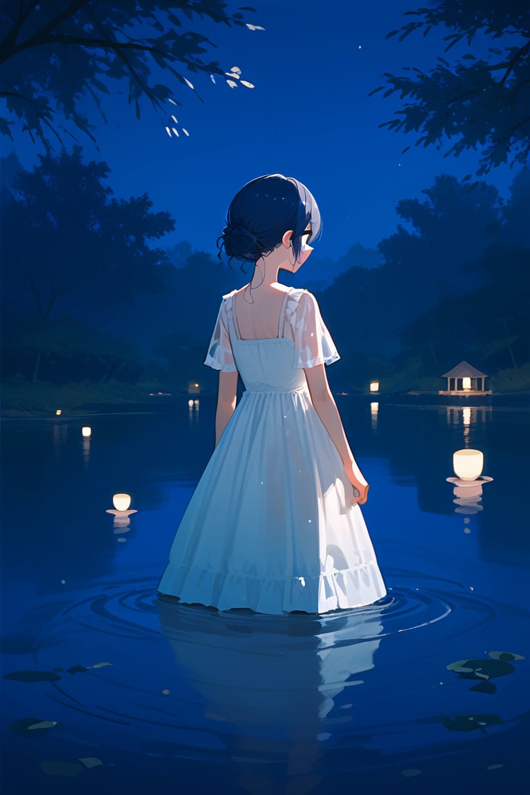 (score_9,score_8_up,score_7_up), morino rinze, 1girl, dark blue hair, single hair bun, dress, sundress, short sleeves, see-through sleeves, standing, outdoor, water, lake, trees, night, from front, partially submerged