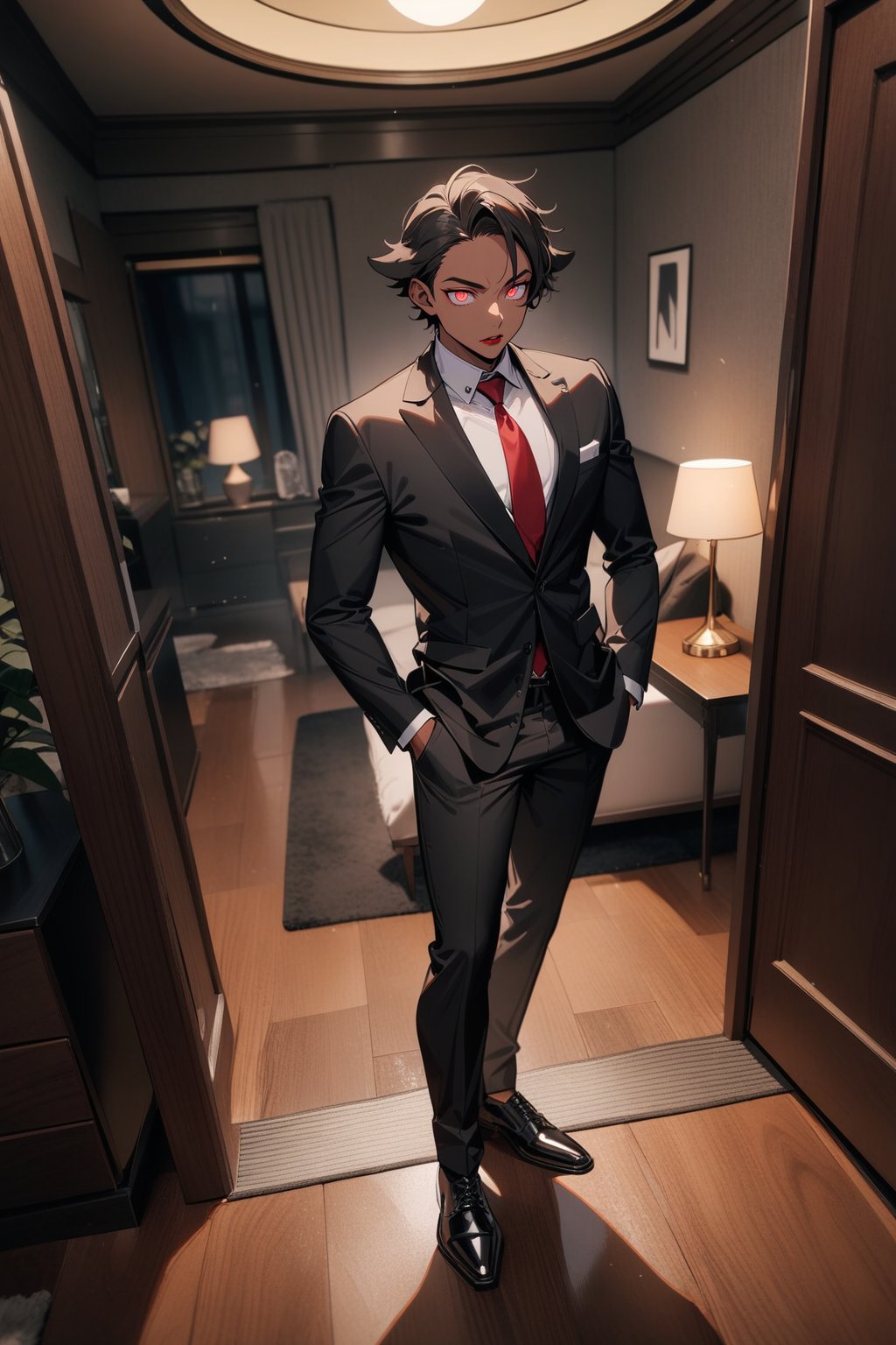 1boy, matue male, slim, short hair, flaps, forehead, black jacket, red necktie, white shirt, black skinny pants, formal shoes, standing, outside, living room, indoor, [fisheye lens:: 3], masterpiece, best quality, absurdres, very aesthetic, newest, General