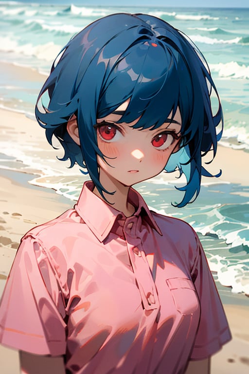 (masterpiece, best quality), 1girl, short hair, blue hair, red eyes, pink shirt, short sleeves, upper body, outside, sand, sea