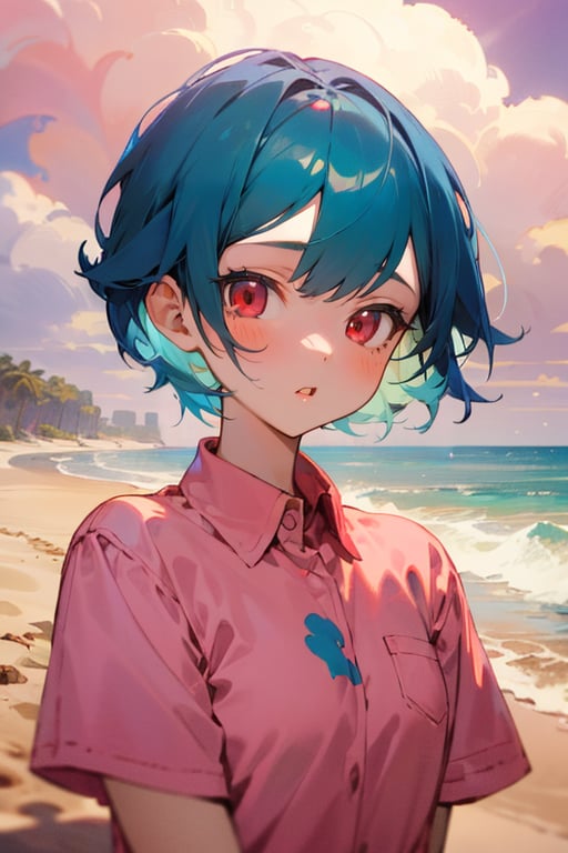 (masterpiece, best quality), highly detailed, 1girl, short hair, blue hair, red eyes, pink shirt, short sleeves, upper body, outside, sand, sea