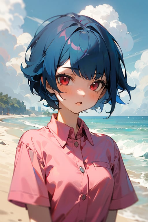 (masterpiece, best quality), 1girl, short hair, blue hair, red eyes, pink shirt, short sleeves, upper body, outside, beach