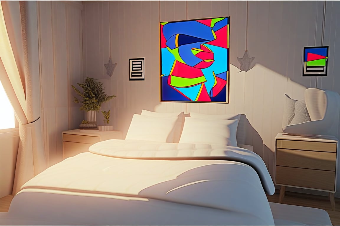 bedroom, indoor, [3D:10], [pop art:3], masterpiece, best quality, highres, recent, very aesthetic, General