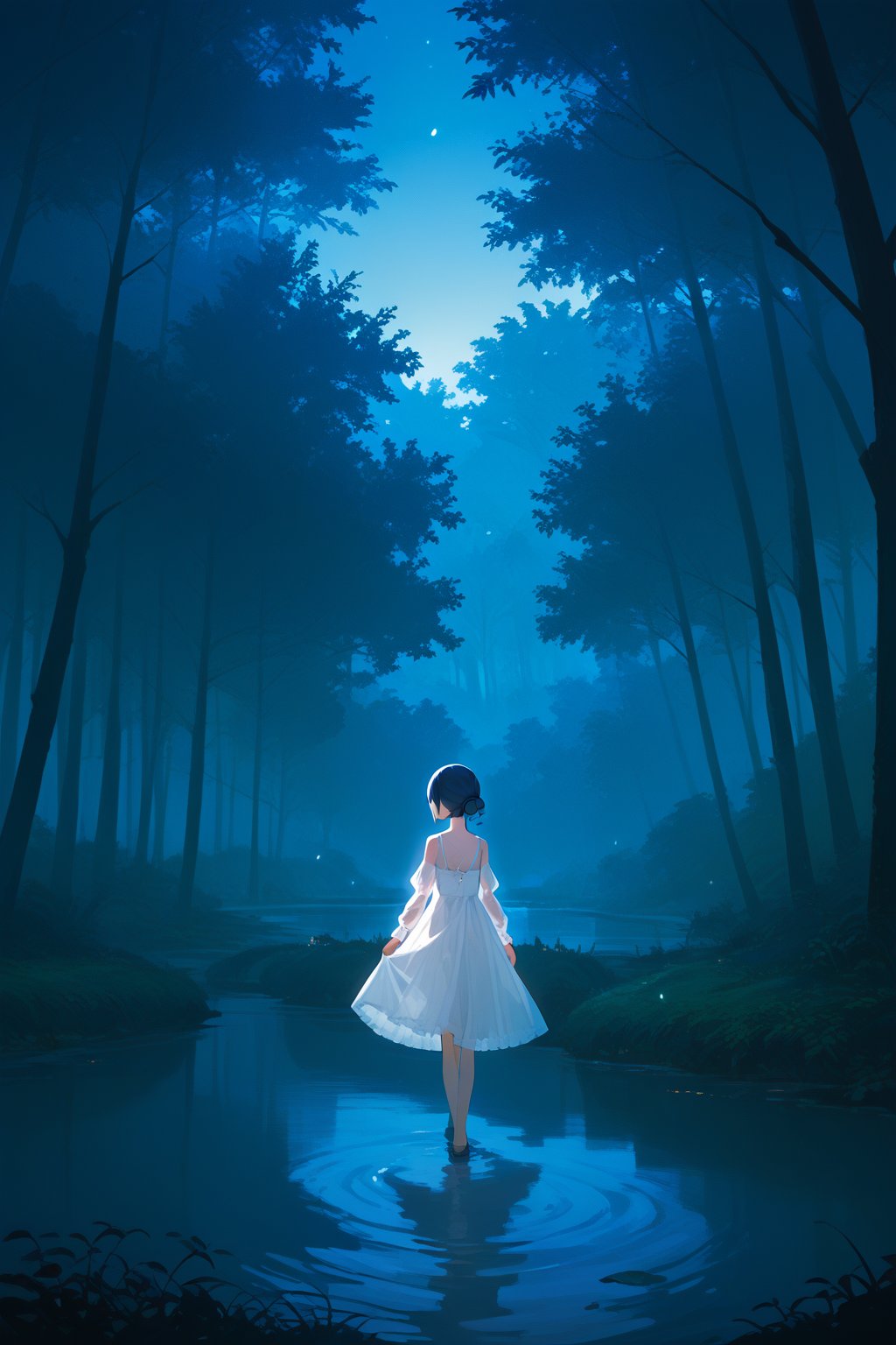 (score_9,score_8_up,score_7_up), morino rinze, 1girl, dark blue hair, single hair bun, dress, sundress, shirt sleeves, see-through sleeves, standing, outdoor, tress, river, forest, night, backlighting, monochromatic