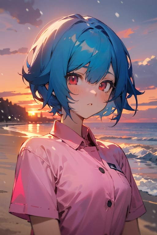 (masterpiece, best quality), highly detailed, 1girl, short hair, blue hair, red eyes, pink shirt, short sleeves, upper body, outside, beach, sunset, snowing, snow