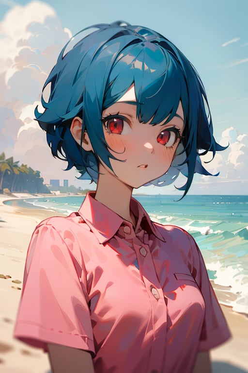 (masterpiece, best quality), 1girl, short hair, blue hair, red eyes, pink shirt, short sleeves, upper body, outside, sand, sea