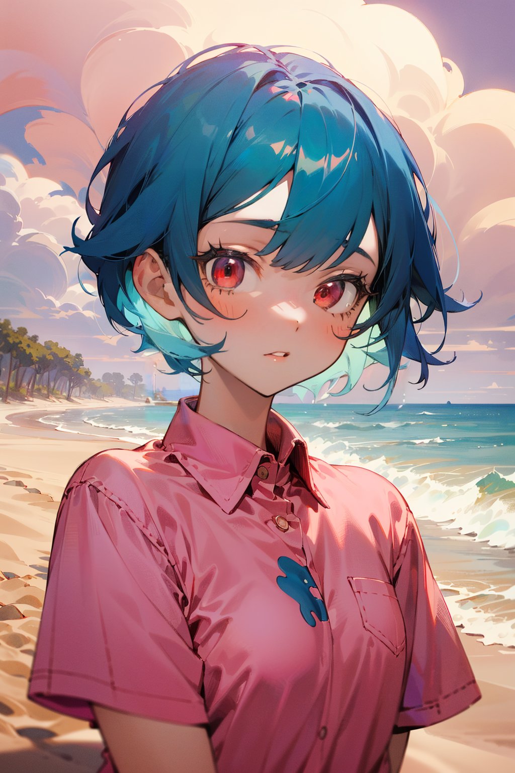 (masterpiece, best quality), highly detailed, 1girl, short hair, blue hair, red eyes, pink shirt, short sleeves, upper body, outside, sand, sea