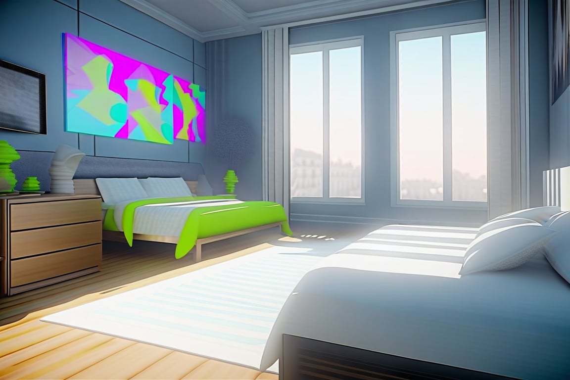 bedroom, indoor, [3D:10], [pop art:3], masterpiece, best quality, highres, recent, very aesthetic, General