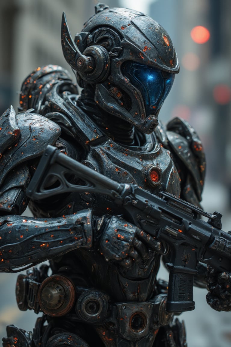 Ultra High quality image of an soldier in futuristic armor, he holds in his arms a futuristic firearm, perfect image for Mobile wallpaper, 16K, UHD, ((masterpiece)), ((best quality)), full image size, ((greatest of all time))