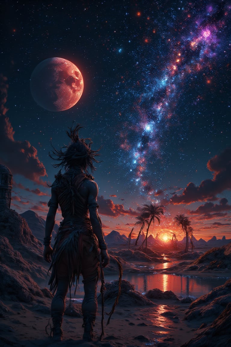 Ultra High quality image of an aborigine who lives on a desert planet looks at the starry sky in which there is also a big red moon and a smaller purple moon. On the desert planet there are old architectural structures that are ancient and half covered by sand, perfect image for Mobile wallpaper, 16K, UHD, ((masterpiece)), ((best quality)), full image size, ((greatest of all time))