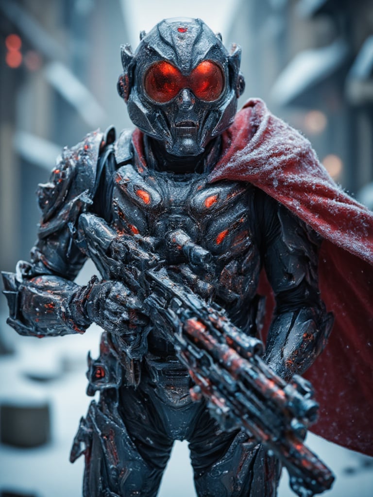 soldier in futuristic armor, he holds in his arms a futuristic pistol, snow camouflage armor, long red cape, red visor, waeming system on armor, cold and frost background, full body, perfect image for Mobile wallpaper, 16K, UHD, ((masterpiece)), ((best quality)), full image size, ((greatest of all time))