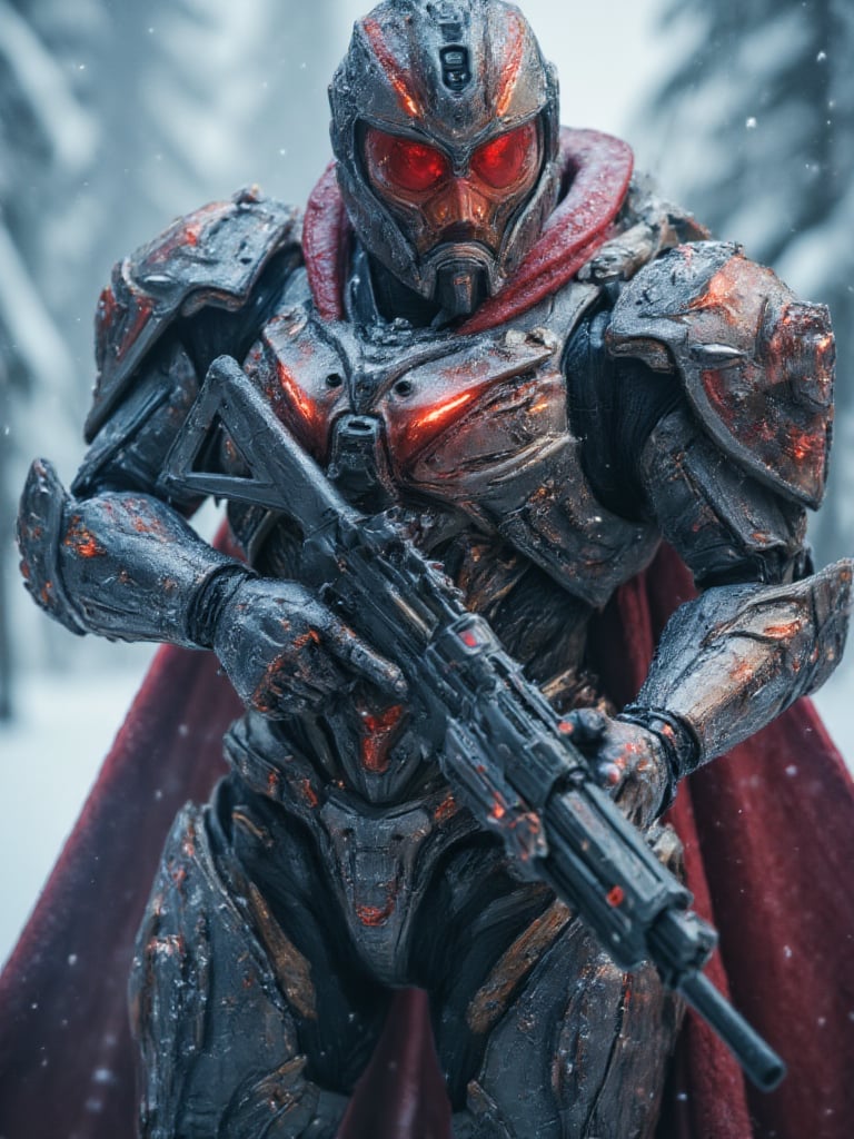 soldier in futuristic armor, he holds in his arms a futuristic pistol, snow camouflage armor, long red cape, red visor, waeming system on armor, cold and frost background, full body, perfect image for Mobile wallpaper, 16K, UHD, ((masterpiece)), ((best quality)), full image size, ((greatest of all time))