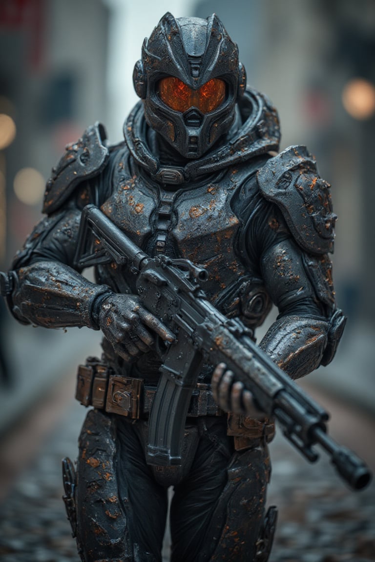 Ultra High quality image of an soldier in futuristic armor, he holds in his arms a futuristic firearm, perfect image for Mobile wallpaper, 16K, UHD, ((masterpiece)), ((best quality)), full image size, ((greatest of all time))