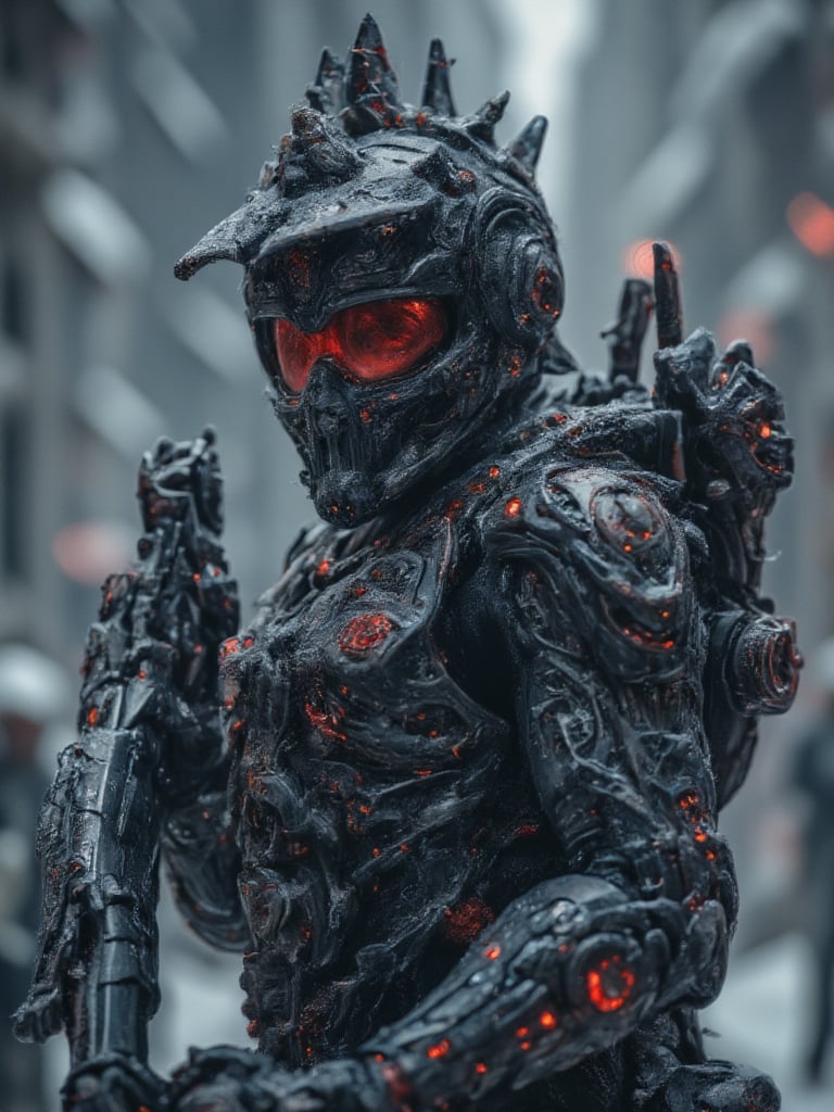 soldier in futuristic black armor, he holds in his arms a futuristic one hand pistol, snow camouflage armor, red and black armband, red visor, waeming system on armor, cold and frost background, full body, perfect image for Mobile wallpaper, 16K, UHD, ((masterpiece)), ((best quality)), full image size, ((greatest of all time))