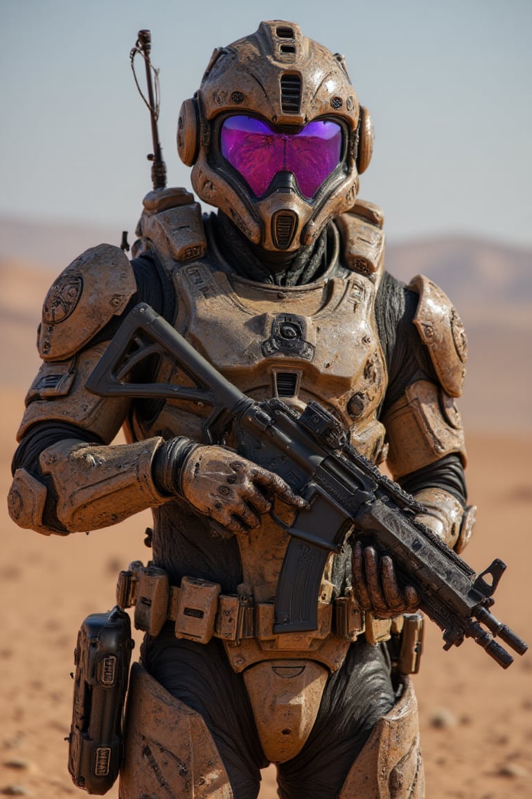 Ultra High quality image of an soldier in futuristic armor, he holds in his arms a futuristic firearm, desert camouflage armor, purple visor, desert background, full body, perfect image for Mobile wallpaper, 16K, UHD, ((masterpiece)), ((best quality)), full image size, ((greatest of all time))