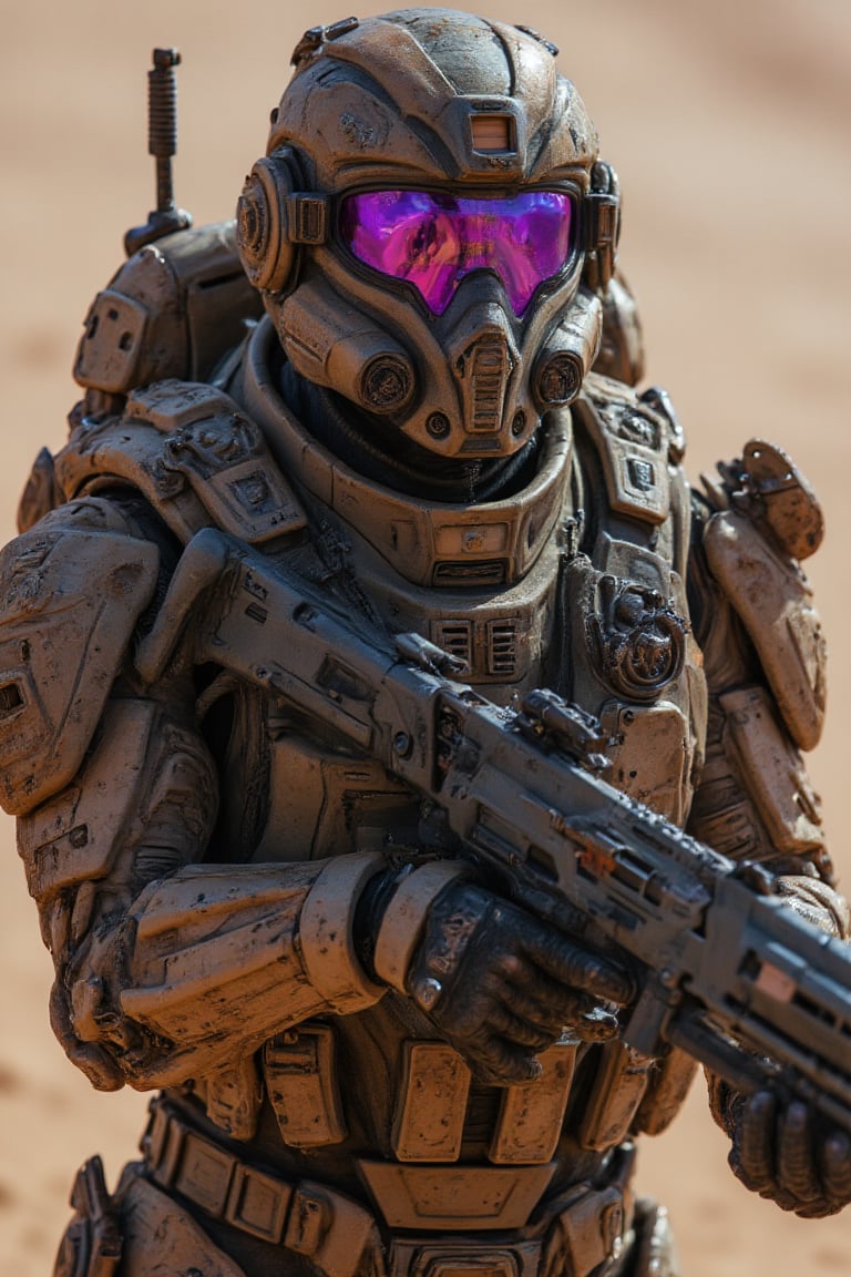 Ultra High quality image of an soldier in futuristic armor, he holds in his arms a futuristic firearm, desert camouflage armor, purple visor, desert background, perfect image for Mobile wallpaper, 16K, UHD, ((masterpiece)), ((best quality)), full image size, ((greatest of all time))