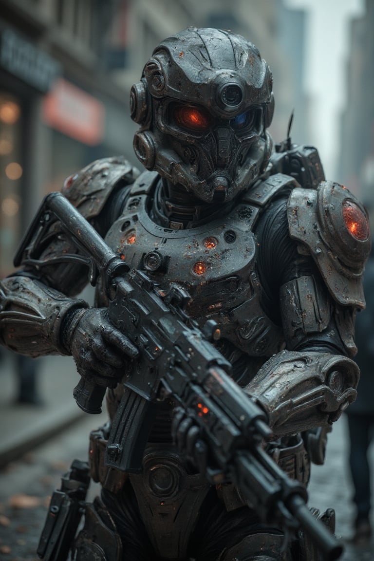 Ultra High quality image of an soldier in futuristic armor, he holds in his arms a futuristic firearm, perfect image for Mobile wallpaper, 16K, UHD, ((masterpiece)), ((best quality)), full image size, ((greatest of all time))