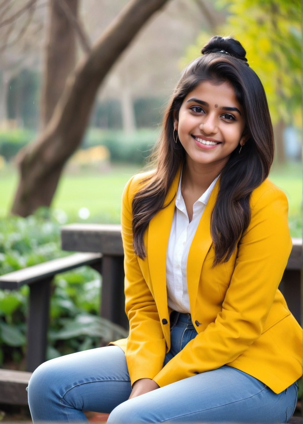 lovely cute young attractive indian teenage girl in a white shirt, jeans, yellow blazers, smile, 19 years old, cute, an Instagram model, long black_hair, colorful flower bun hair, winter, sitting_on benchin  a garden,Indian in garden, big trees,high detailed, hand and proper finger structured,