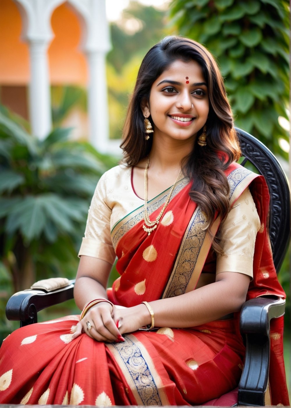 lovely cute young attractive indian teenage girl in a red Banarasi silk wedding saree with bridegarments, smile, 18 years old, cute, an Instagram model, long bkack_hair, colorful hair, sitting on a Queen chair garden side winter, ,Indian, 