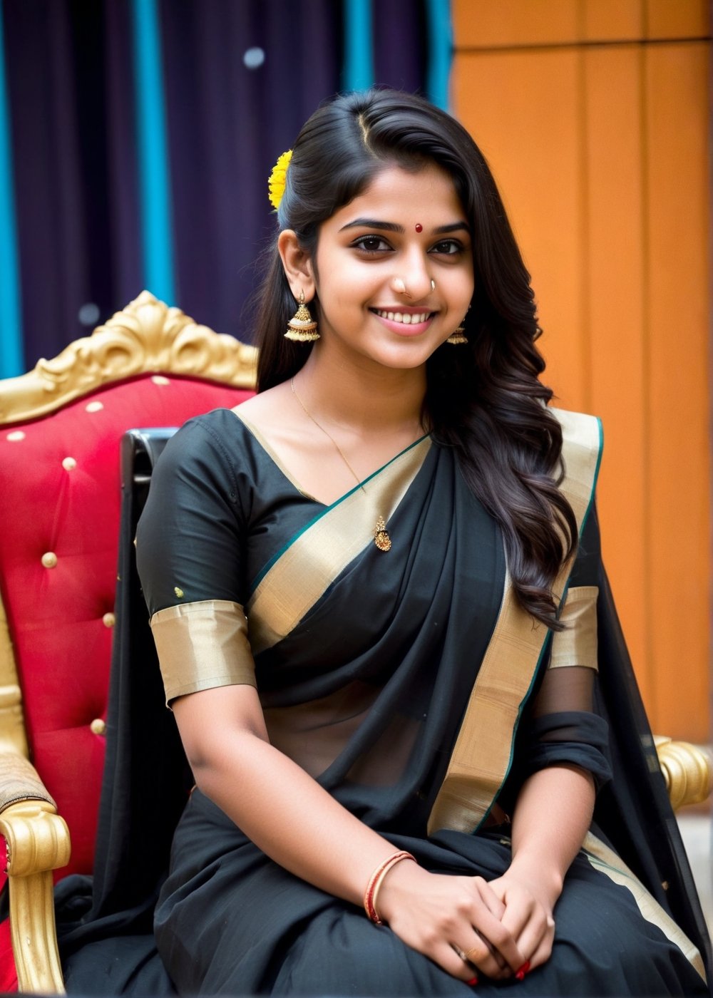 lovely cute young attractive indian teenage girl in a black saree,  smile, 18 years old, cute, an Instagram model, long black_hair, colorful indian college bun hair, winter, sitting on a Queen chair ,Indian, full-body_portrait