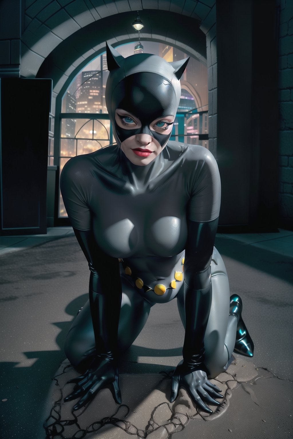 pov, catwoman, allure face,kneel on the ground, m_leg_pose_seduce, belly_dance, batman_cave, night