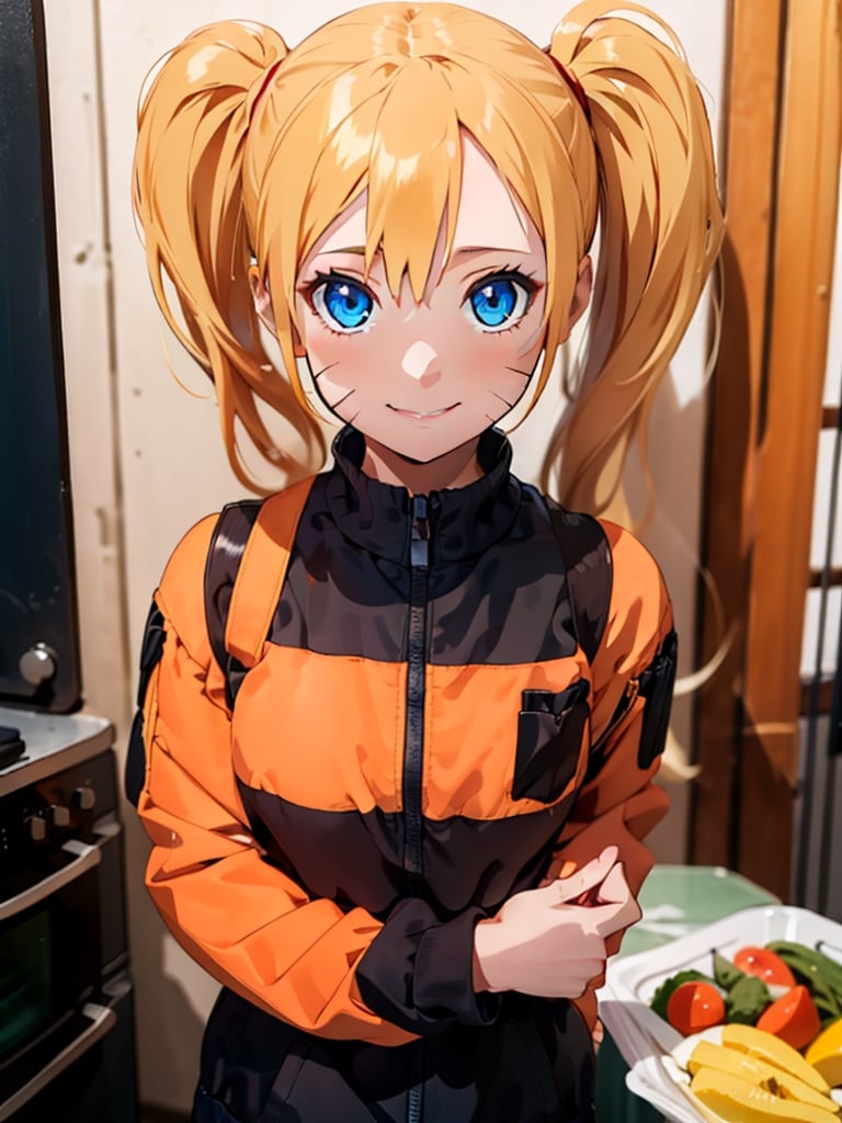 girl, cooking, roasted turkey, masterpiece, best quality, super detail,breakdomain, Naruko, Twintails, Long hair, Blonde, Blue eyes, Wiskers, Wiskers,Naruto, smile