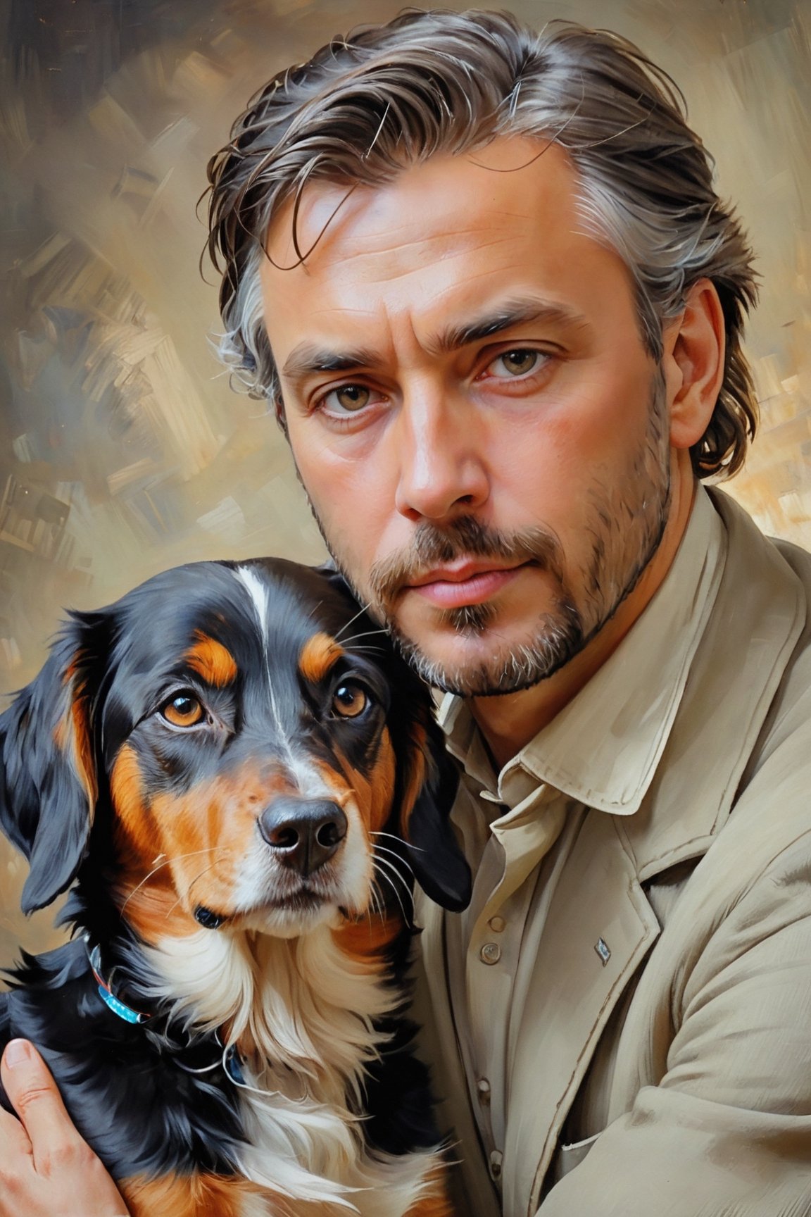 portrait of Pinokkio and his dog, close up, oil painting old master, dynamic light, cinematic light, glow background, vintage style, oil painting striking brushstrokes background greyish, by konstantin razumov, Jean Baptiste Monge,photorealistic,analog