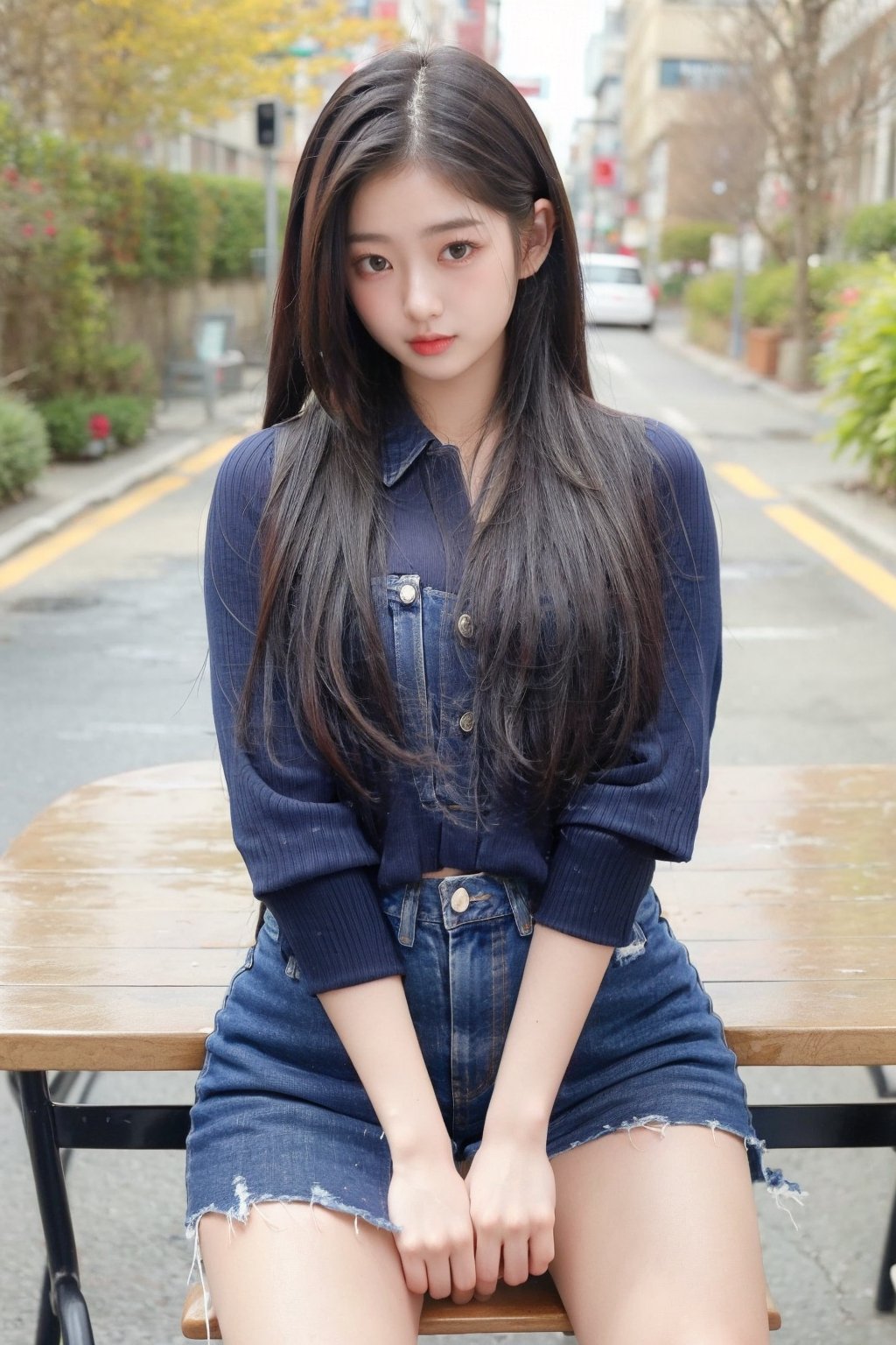 1girl, denim skirt, sitting in table, spread legs