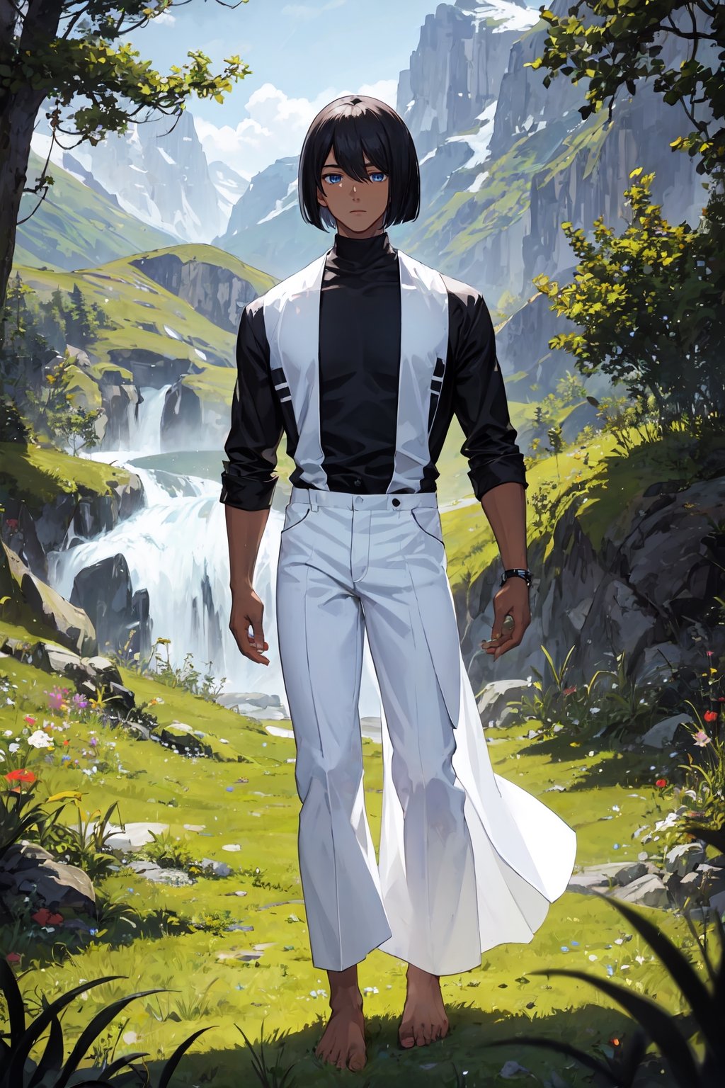 masterpiece, best quality, ultra detailed, absurdres, 1boy, dark skin, black hair, bob cut, BREAK shirt, black shirt, long sleeve, BREAK skinny pants, white pants, bare feet, standing, outdoor, grass, nature, mountains