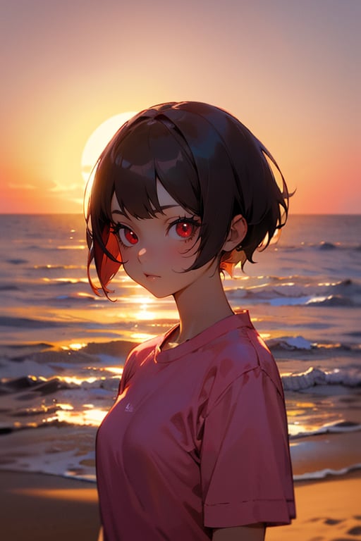 (masterpiece, best quality), highly detailed, 1girl, Pixie cut, red eyes, pink shirt, short sleeves, upper body, outside, sand, sea, sunset, backlighting, Cool lighting, eye-level shot