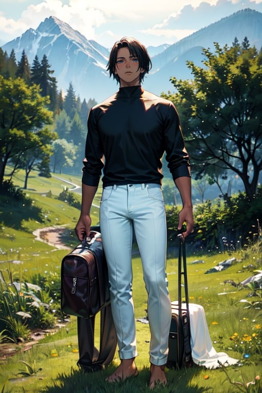 masterpiece, best quality, ultra detailed, absurdres, 1boy, mature man, dark skin, black shirt, long sleeve, skinny pants, white pants, bare feet, standing, outdoor, grass, nature, mountains