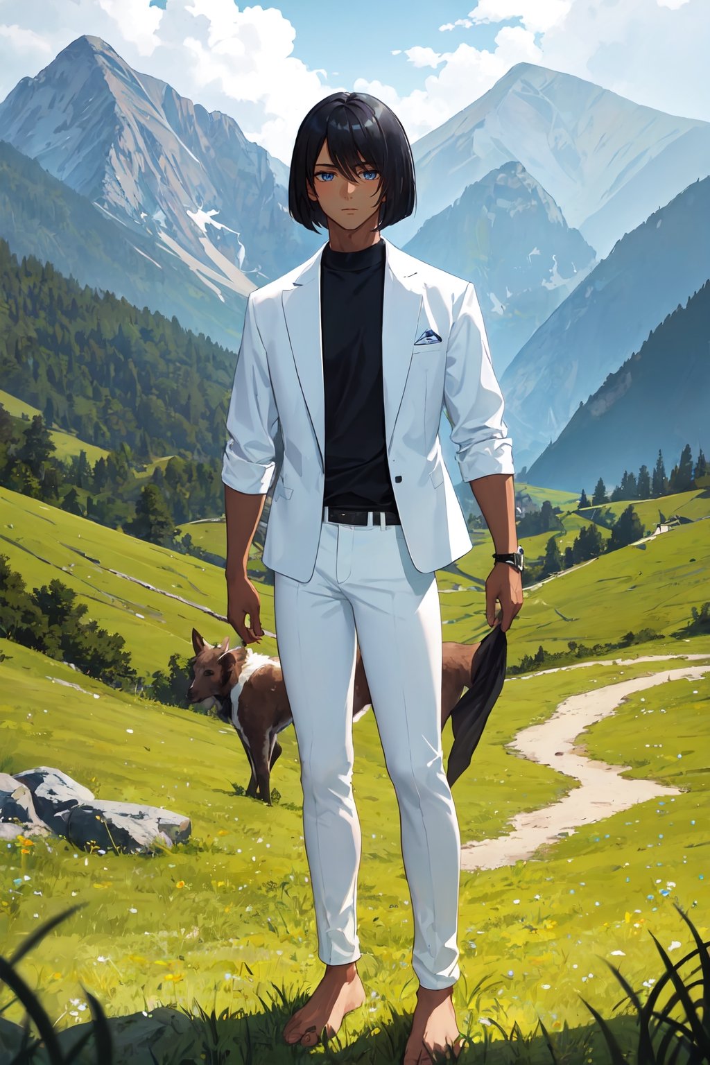 masterpiece, best quality, ultra detailed, highres, 1boy, dark skin, black hair, bob cut, shirt, black shirt, long sleeve, skinny pants, white pants, bare feet, standing, outdoor, grass, nature, mountains