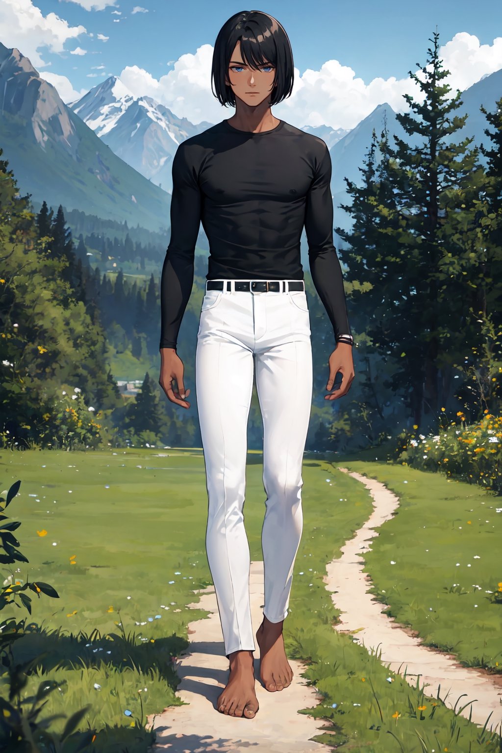 masterpiece, best quality, ultra detailed, absurdres, 1boy, dark skin, black hair, bob cut, black shirt, long sleeve, skinny pants, white pants, bare feet, standing, outdoor, grass, nature, mountains