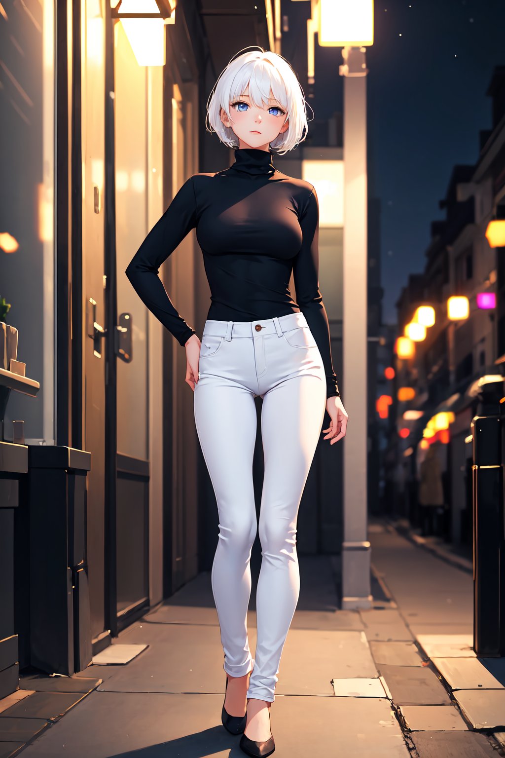 1girl, short hair, ,white hair, blue eyes, black shirt, turtleneck, skinny pants, white pants, standing, outdoor, (city:0.7), depth of field, night, dimly lit