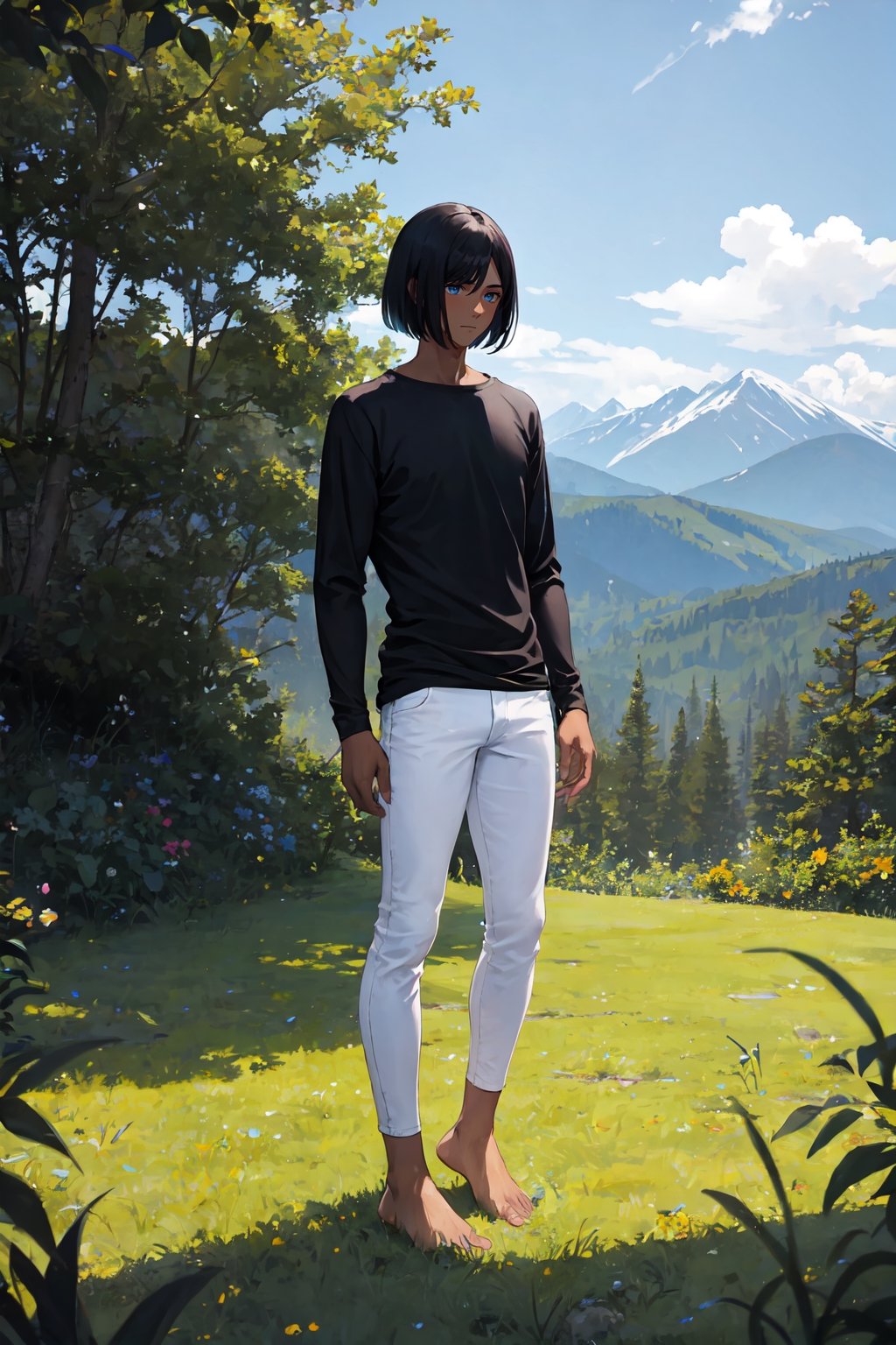 masterpiece, best quality, ultra detailed, absurdres, 1boy, dark skin, black hair, bob cut, BREAK shirt, black shirt, long sleeve, BREAK skinny pants, white pants, bare feet, standing, outdoor, grass, nature, mountains