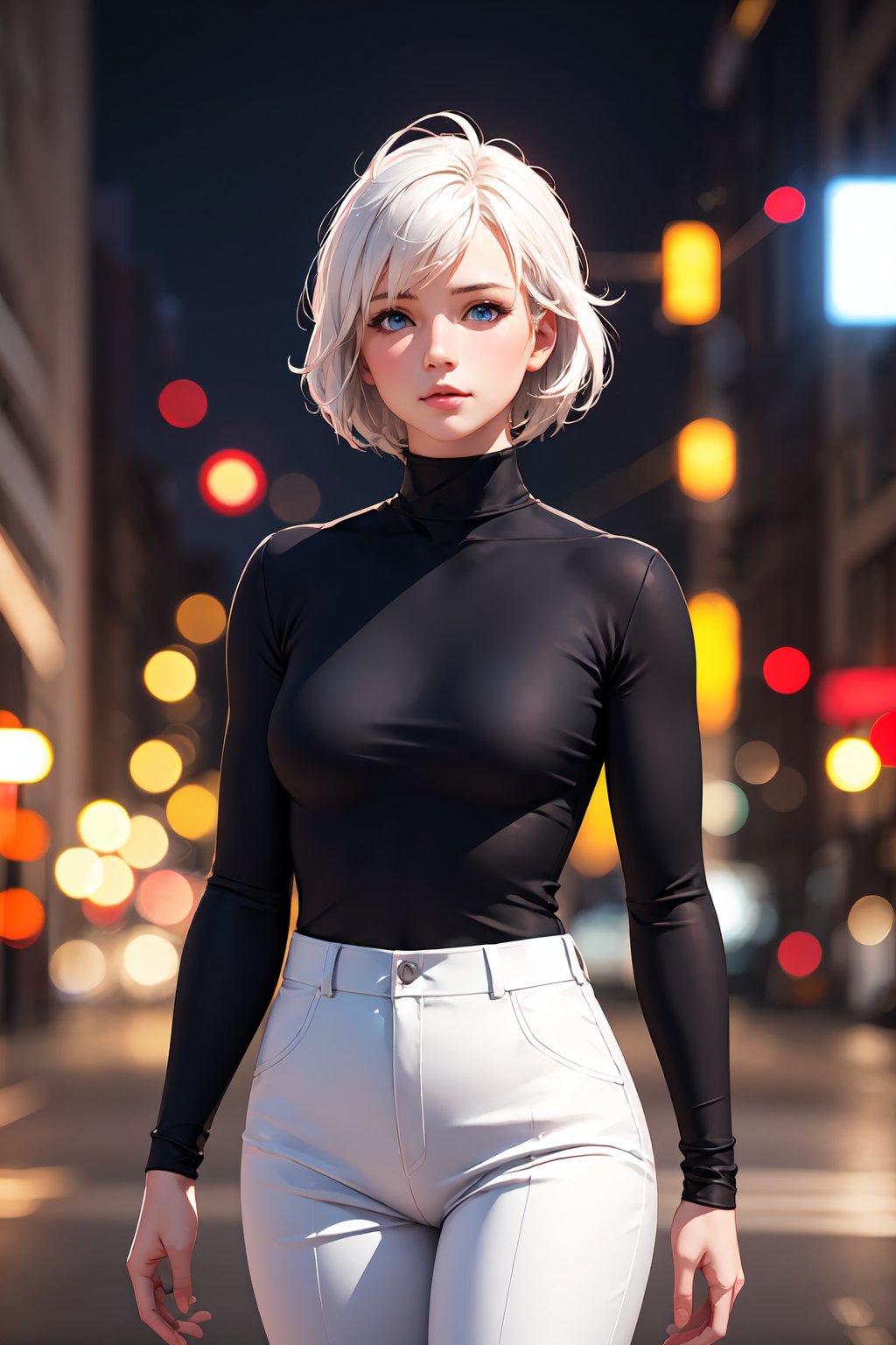 (realistic:1.3), 1girl, flat chest, black shirt, turtleneck, white pants, short hair, white hair, blue eyes, full_length_portrait, standing, outdoor, (city:0.9), depth of field, night, light particles, light rays, sidelighting, masterpiece, best quality, ultra-detailed, 8K, highres