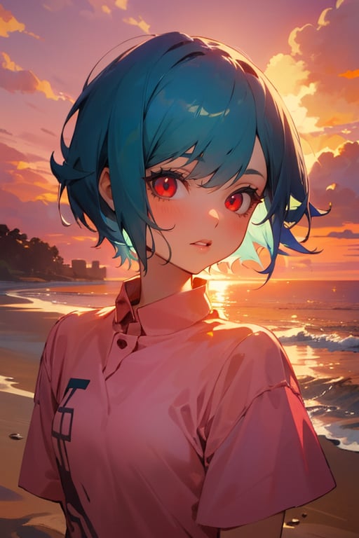 (masterpiece, best quality), highly detailed, 1girl, short hair, blue hair, red eyes, pink shirt, short sleeves, upper body, outside, sand, sea, sunset, backlighting