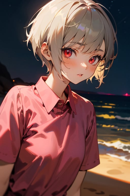 (masterpiece, best quality), highly detailed, 1girl, Pixie cut, red eyes, pink shirt, short sleeves, upper body, outside, sand, sea, night, night lighting