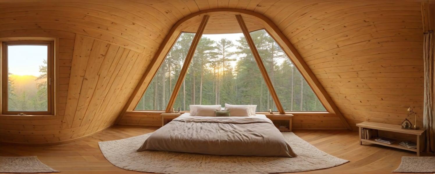 A cozy bedroom with soft, ambient lighting, featuring a unique triangle-shaped window overlooking a serene forest. The window lets in a warm, golden glow as the sun sets, casting intricate shadows on the wooden floor. The bed is adorned with plush, textured blankets and pillows, with a rustic wooden headboard. Soft, flowing curtains frame the triangle window. The room has a warm, earthy color palette, with detailed textures, high-quality rendering, 8k,360 View, 360, panorama