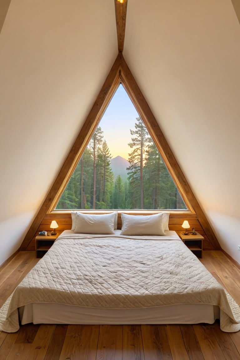 A cozy bedroom with soft, ambient lighting, featuring a unique triangle-shaped window overlooking a serene forest. The window lets in a warm, golden glow as the sun sets, casting intricate shadows on the wooden floor. The bed is adorned with plush, textured blankets and pillows, with a rustic wooden headboard. Soft, flowing curtains frame the triangle window, and a small plant sits on the windowsill, adding a touch of greenery. The room has a warm, earthy color palette, with detailed textures, high-quality rendering, 8k,360 View