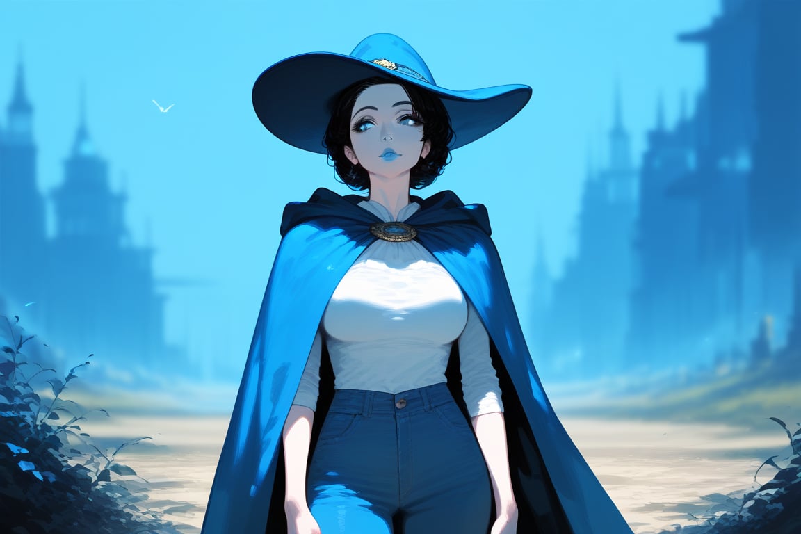 1girl, solo, mature female, pale skin, black hair, short hair, hat, lips, shirt, pants, cloak, standing, outdoors, blue theme, depth of field, best quality, amazing quality, very aesthetic, best details, highres, score_9, score_8, score_7