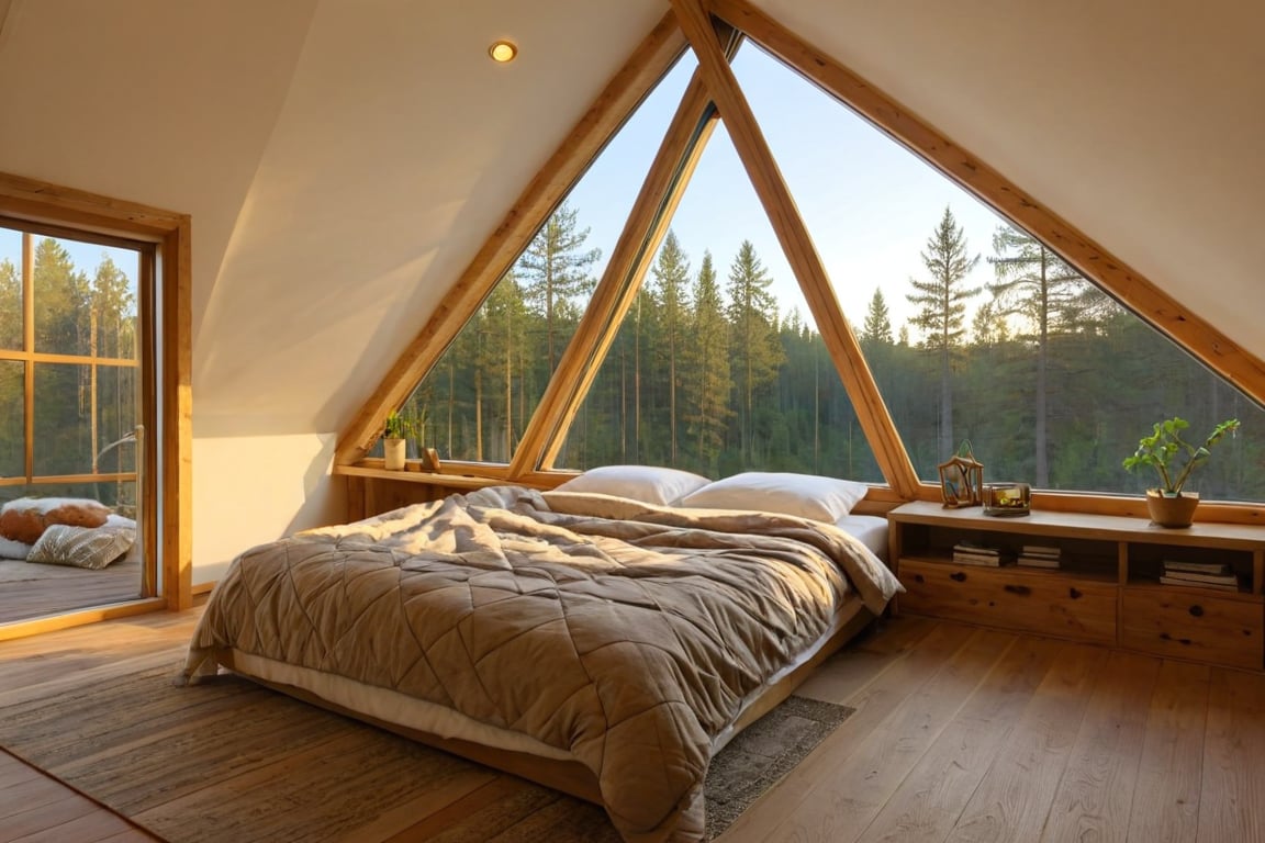 A cozy bedroom with soft, ambient lighting, featuring a unique triangle-shaped window overlooking a serene forest. The window lets in a warm, golden glow as the sun sets, casting intricate shadows on the wooden floor. The bed is adorned with plush, textured blankets and pillows, with a rustic wooden headboard. Soft, flowing curtains frame the triangle window, and a small plant sits on the windowsill, adding a touch of greenery. The room has a warm, earthy color palette, with detailed textures, high-quality rendering, 8k,360 View