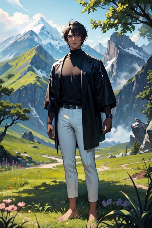 masterpiece, best quality, ultra detailed, absurdres, 1boy, mature man, dark skin, black shirt, long sleeve, skinny pants, white pants, bare feet, standing, outdoor, grass, nature, mountains