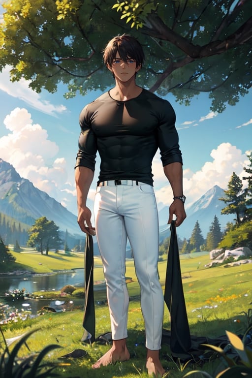 masterpiece, best quality, ultra detailed, highres, 1boy, mature man, dark skin, shirt, black shirt, long sleeve, skinny pants, white pants, bare feet, standing, outdoor, grass, nature, mountains