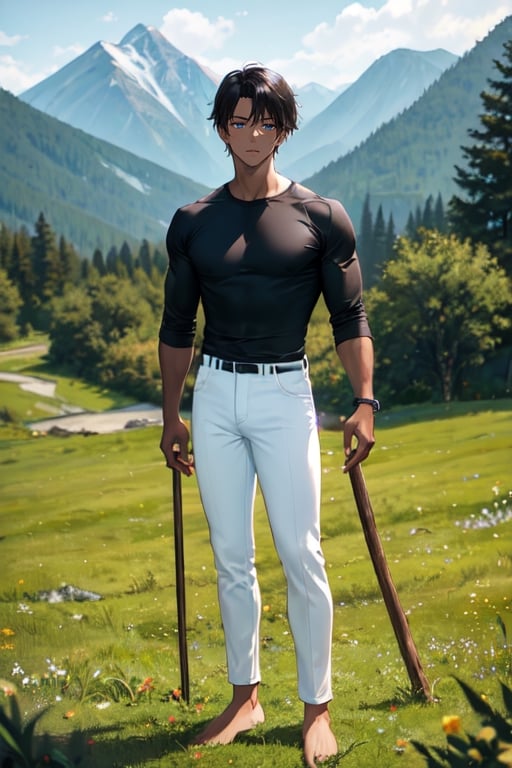 masterpiece, best quality, ultra detailed, highres, 1boy, mature man, dark skin, shirt, black shirt, long sleeve, skinny pants, white pants, bare feet, standing, outdoor, grass, nature, mountains