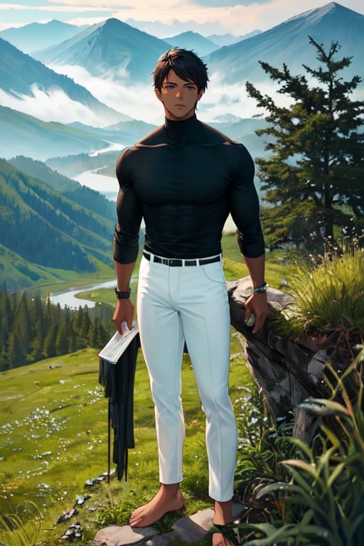 masterpiece, best quality, ultra detailed, highres, 1boy, mature man, dark skin, shirt, black shirt, long sleeve, skinny pants, white pants, bare feet, standing, outdoor, grass, nature, mountains